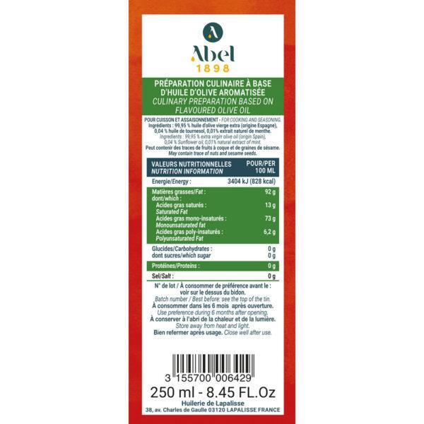 Contre étiquette préparation culinaire à base d'huile d'olive aromatisée (Orientale). Bidon métal 250 ml