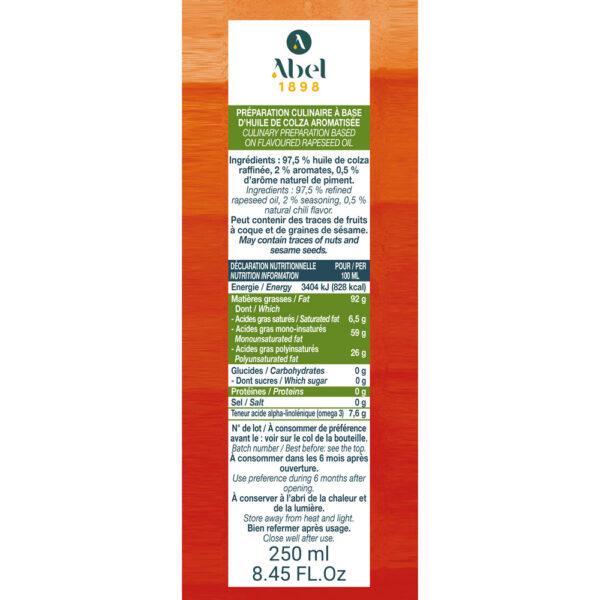 Contre étiquette préparation culinaire à base d'huile de colza aromatisée Bidon métal 250 ml