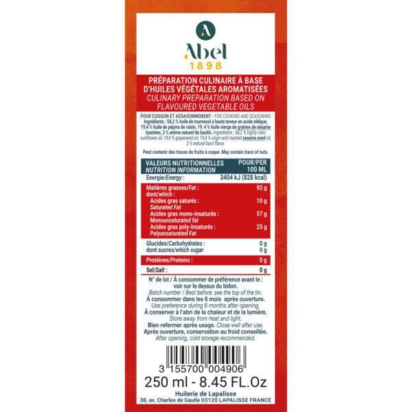 Contre étiquette préparation culinaire à base d'huiles végétales aromatisées (Wok). Bidon métal 250 ml