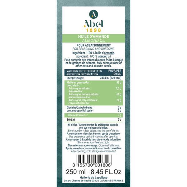 Contre étiquette de l'huile d'amande gamme fines Abel 1898. Bidon métal 250 ml