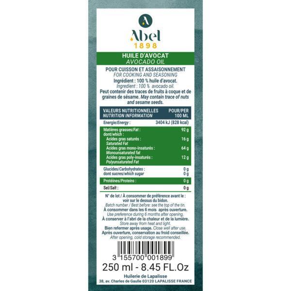 Contre étiquette de l'huile d'avocat gamme fines Abel 1898. Bidon métal 250 ml