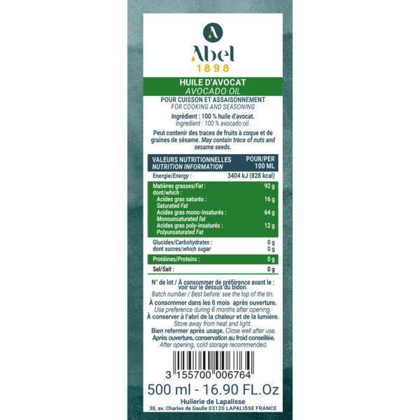 Contre étiquette de l'huile d'avocat gamme fines Abel 1898. Bidon métal 500 ml