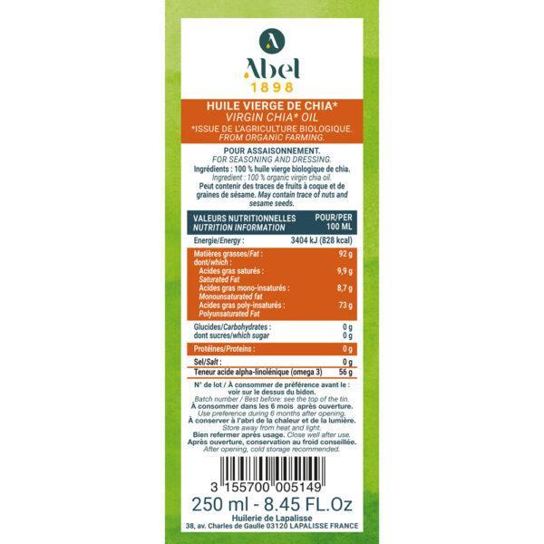 Contre étiquette Huile vierge de chia issue de l'agriculture biologique. Bidon métal 250 ml