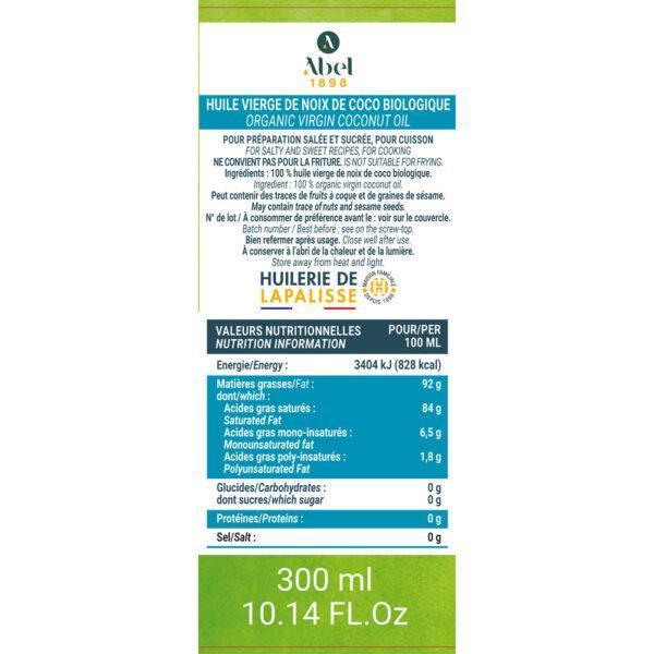 contre étiquette huile de noix de coco biologique pot de 300 ml