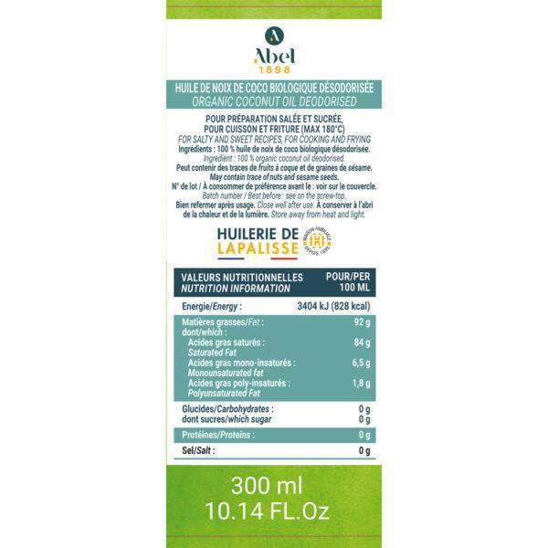 contre étiquette huile de noix de coco biologique désodorisée pot de 300 ml