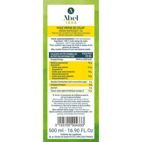 ABEL 1898 ORGANIC VIRGIN RAPESEED OIL 500 ML METAL CAN Notice