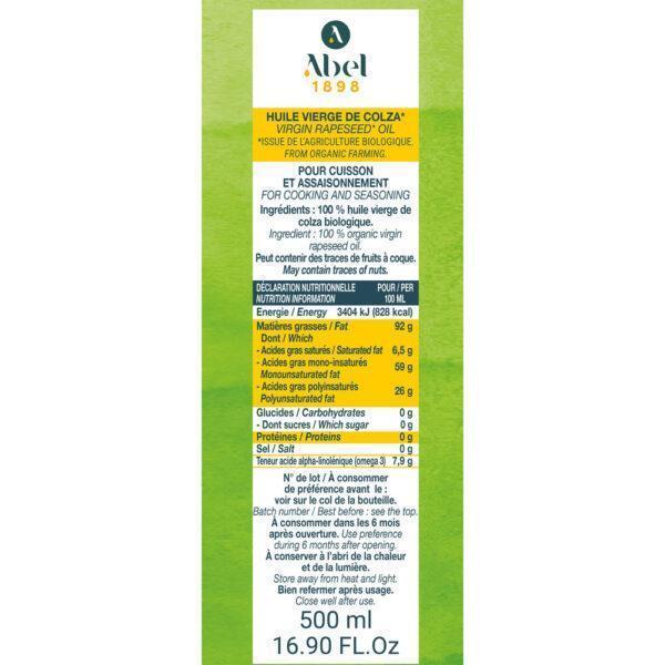 ABEL 1898 ORGANIC VIRGIN RAPESEED OIL 500 ML GLASS BOTTLE Notice