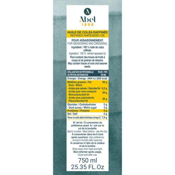 Abel 1898 rapeseed oil 750 ml glass bottle notice