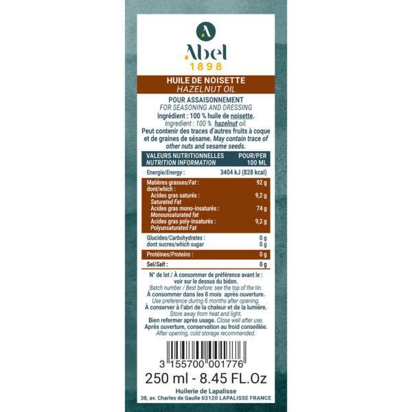 Contre étiquette de l'huile de noisette gamme fines Abel 1898. Bidon métal 250 ml