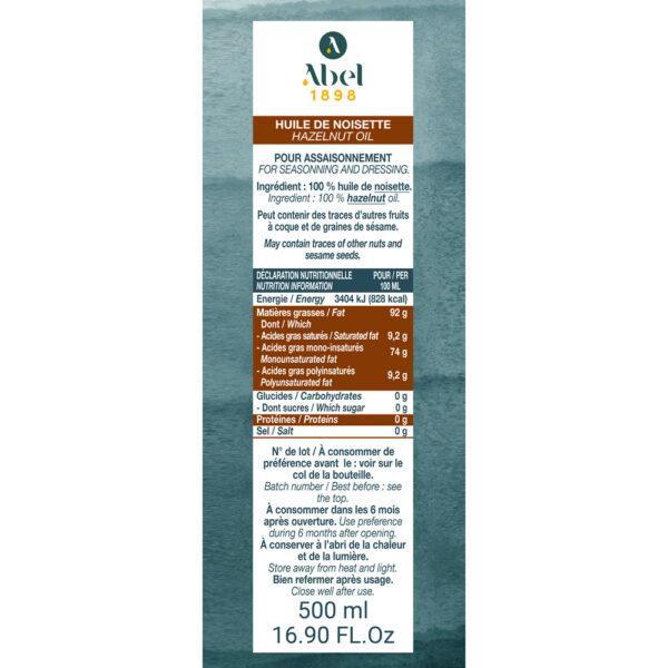 Contre étiquette de l'huile de noisette gamme fines Abel 1898. Bouteille verre 500 ml