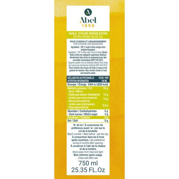 Contre étiquette de l'huile d'olive vierge extra gamme vierges Abel 1898. Bouteille verre 750 ml