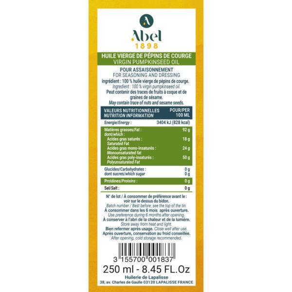 Contre étiquette de l'huile vierge de pépins de courge gamme vierges Abel 1898. Bidon métal 250 ml