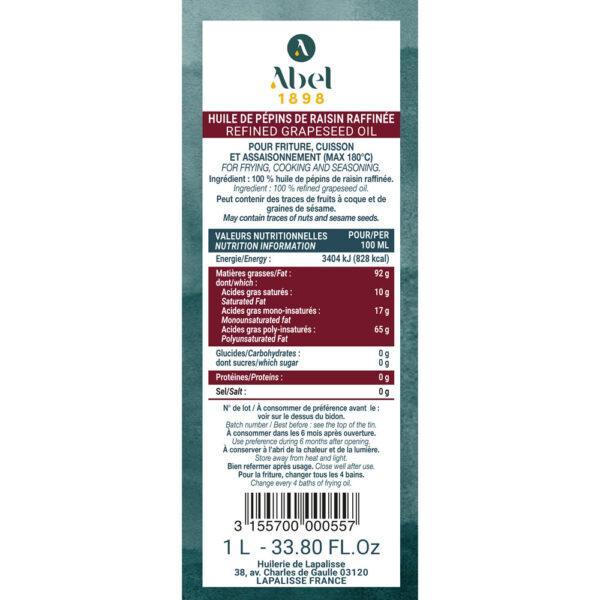 Contre étiquette de l'huile de pépins de raisin gamme fines Abel 1898. Bidon métal 1L