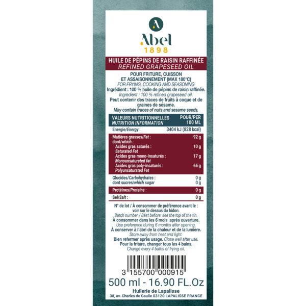 Contre étiquette de l'huile de pépins de raisin gamme fines Abel 1898. Bidon métal 500 ml