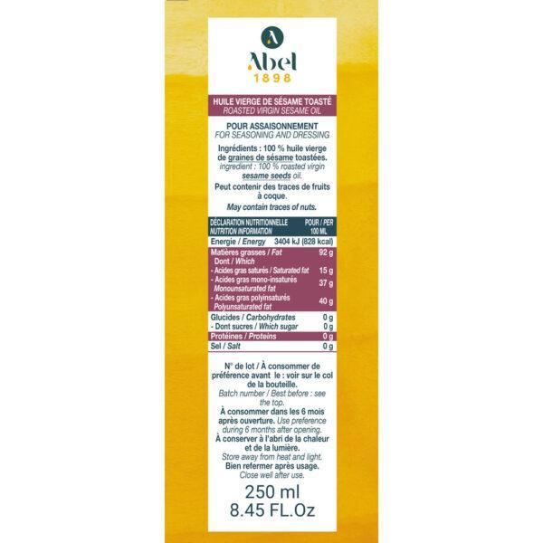 Contre étiquette de l'huile vierge de sésame toasté gamme vierges Abel 1898. Bouteille verre 250 ml